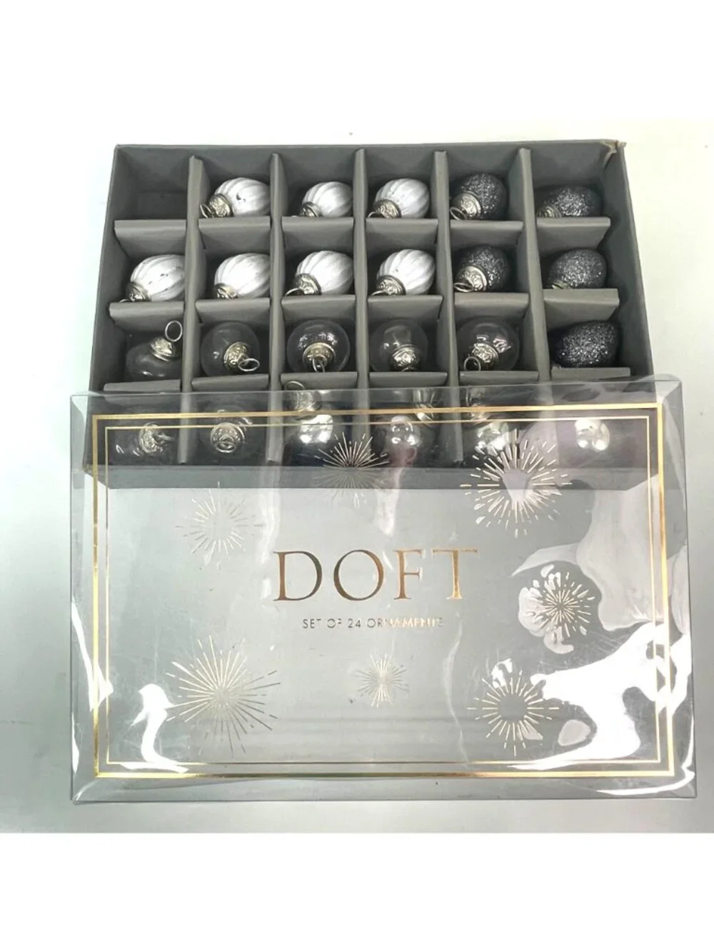 DOFT Mini Mercury Glass Christmas Ornaments Set White Silver Clear w/ Box Lid